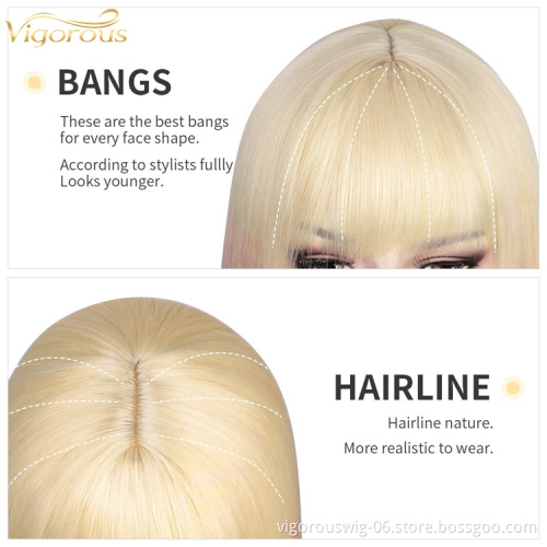 Vigorous Ombre Pink Wigs Straight Short Cosplay Costume Wigs for Women with Bangs Blonde Roots Heat Resistant Synthetic Wig